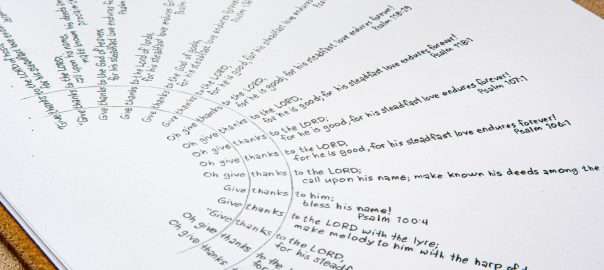 Detail of pencil diagram showing Bible verses with "Give thanks"